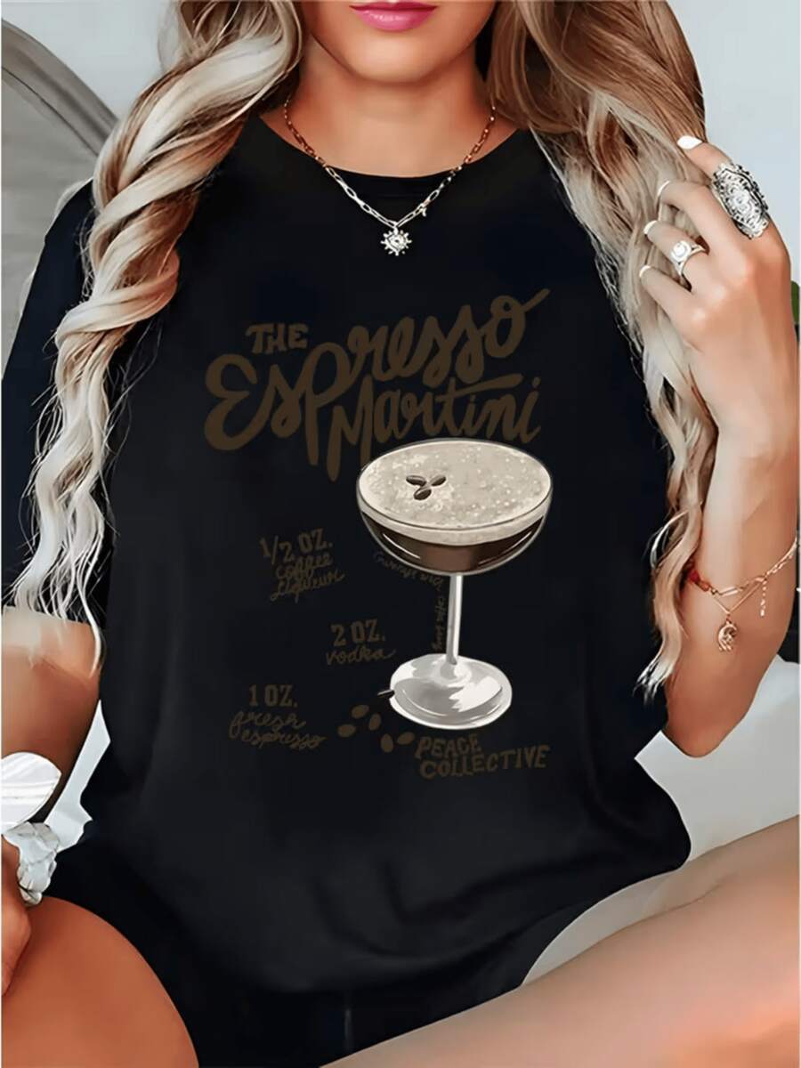 Copa de cóctel con espuma de café que refleja la energía nocturna y la pasión por la mezcla perfecta de aromas modernos y sofisticados camiseta de mujer casual cómoda para uso diario - Negro - Ver 1