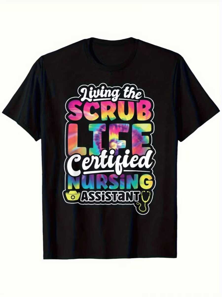Colorful Words Celebrating The Lives Of Healthcare Workers, Reflecting Pride And Positive Energy With Cheerful Typography And A Dark Background. Comfortable, Casual Women's T-Shirt, Ideal As A Gift. - 黑色 - 查看 1