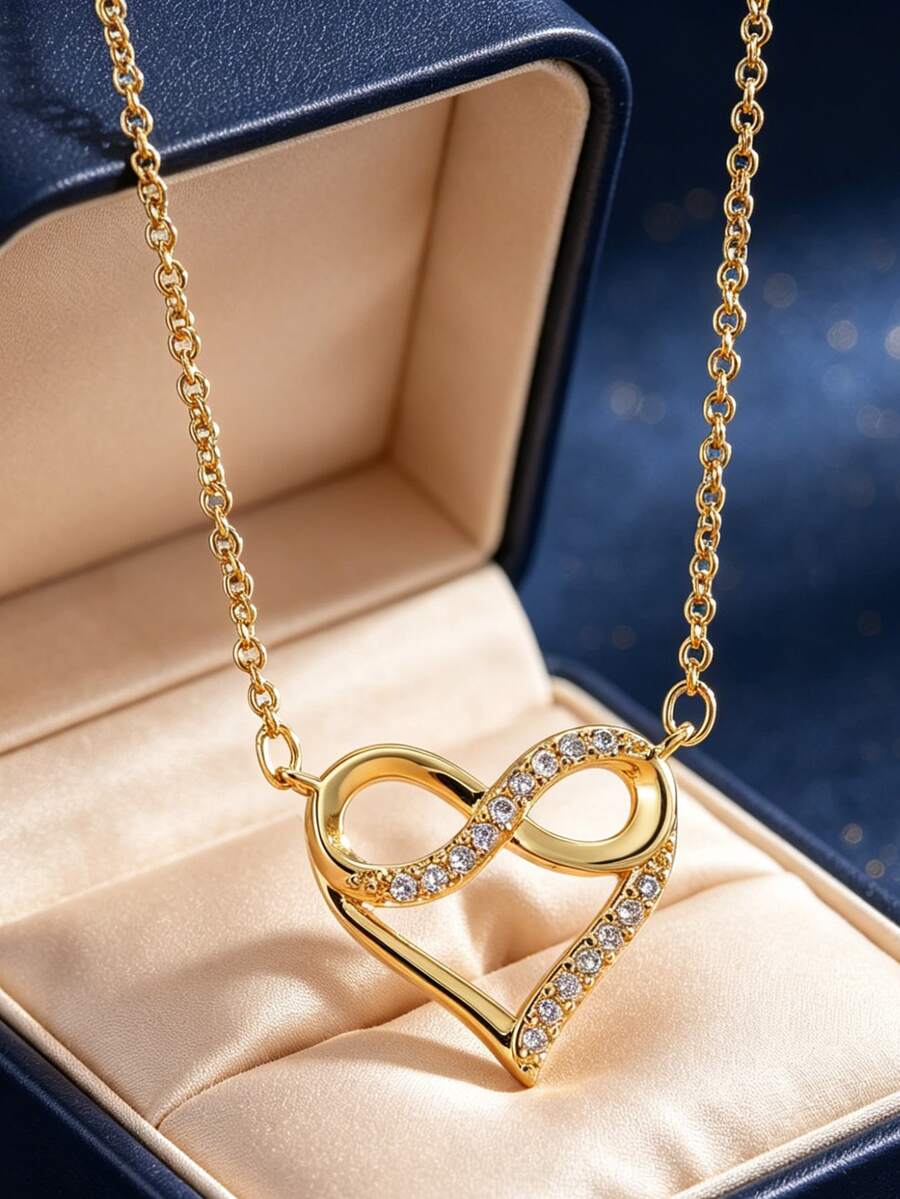 Damen Halskette mit vergoldetem Unendlichkeits-Herz-Zirkonia-Anhänger (O-Kette), zarter und süßer Stil, geeignet für täglichen Weg zur Arbeit und Bürokleidung, ein ideales Geschenk für Modebewusste - Gold - Übersicht 1