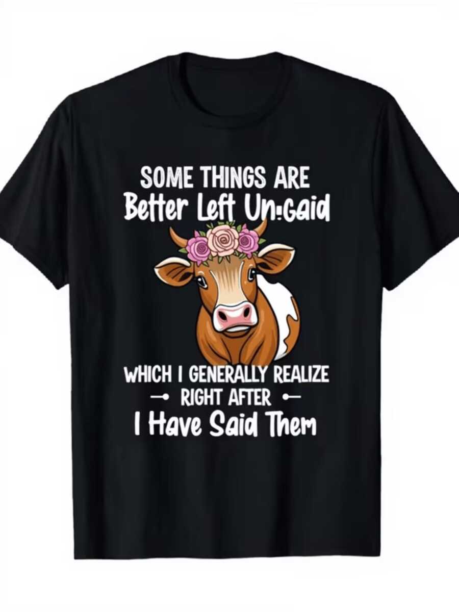 Vaca alegre con corona de flores rosadas que transmite ternura y simpatía acompañada de una frase divertida sobre pensar antes de hablar camiseta de mujer cómoda para uso diario y perfecta para regalar - Negro - Ver 1