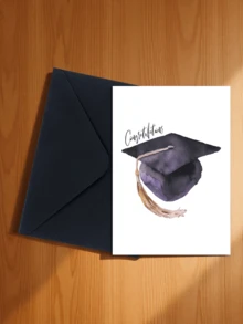1/5 Set, Watercolor Purple & Black Graduation Cap Congratulation Card, Blank Inside Pages With Envelope For Graduates - A - View 18