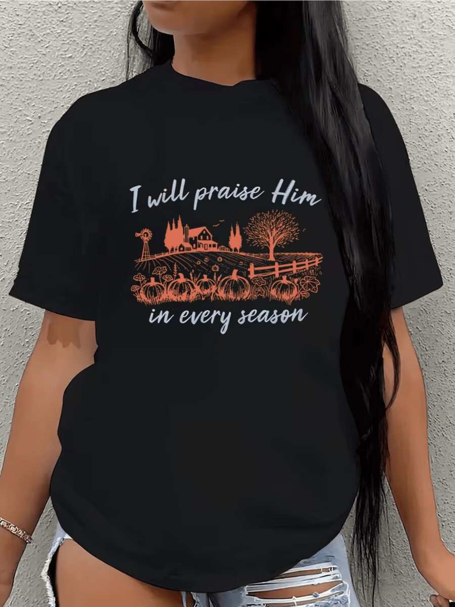 Paisaje de granja con calabazas árboles molino de viento y casa que simboliza gratitud y fe constante en todas las estaciones camiseta de mujer con estampado inspirador y cómodo para uso diario - Negro - Ver 1