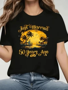 A Golden Sunset With Palm Trees, Boats, And Seagulls Symbolizing Lasting Love And Celebrating Fifty Years Of Happy Marriage. Women's Casual, Modern, Comfortable T-Shirt For Everyday Wear. - 黑色 - 查看 8