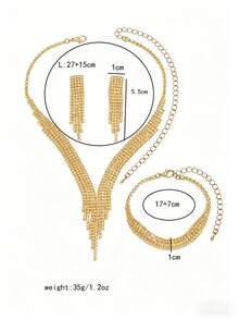 4pcs Gold-Plated Waterfall Tassel Jewelry Set - Multi-Strand Crystal Necklace + Linear Tassel Earrings + Bracelet, Glamorous Evening Accessories For Women, Suitable For Wedding/Gala/Party - Gold - View 2