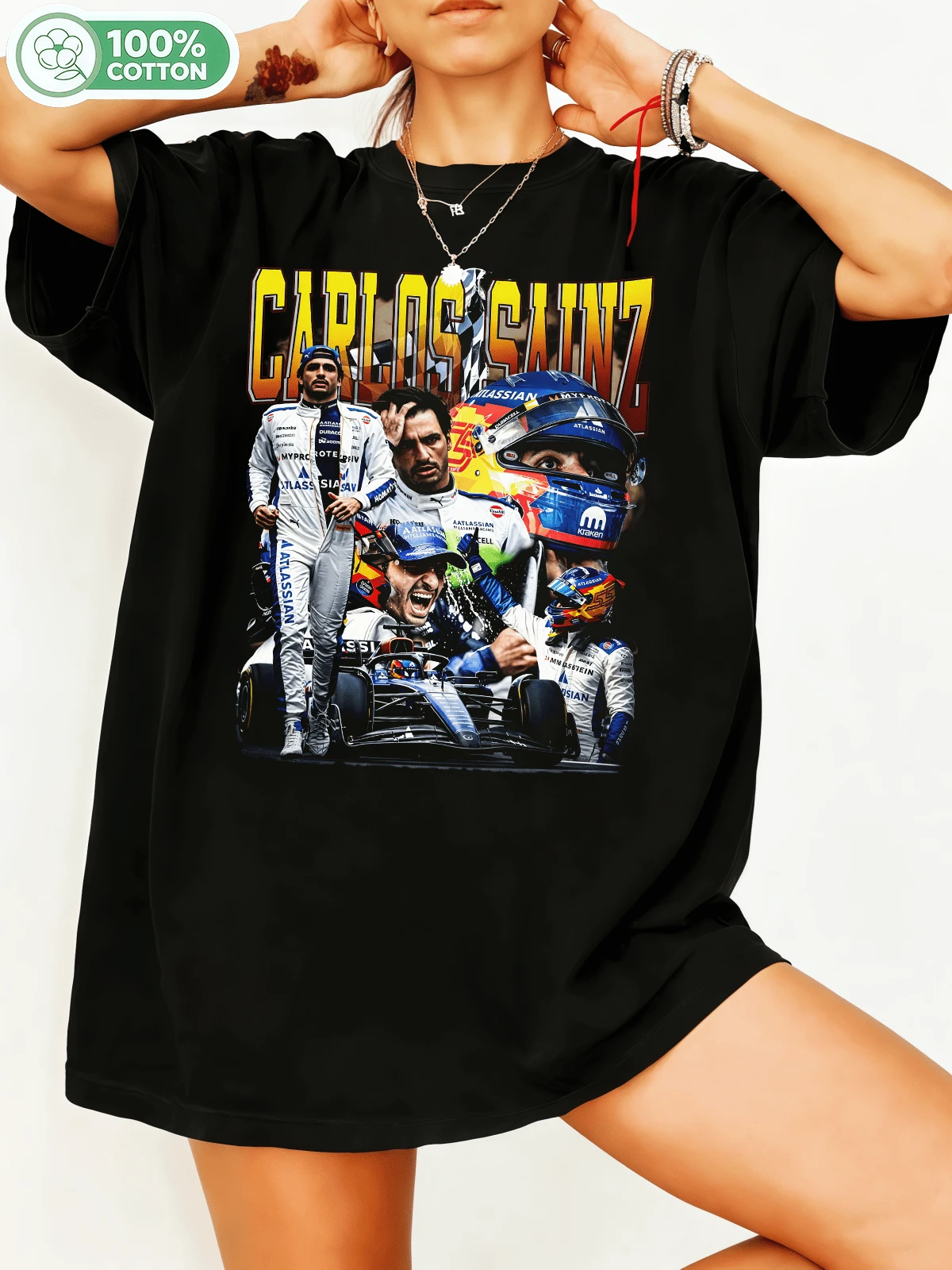 Carlos Sainz Formulaa 1 Driver Fan Art Vintage Bootleg Graphic Print T-Shirt, Portraits Of Several Team Suits And Helmets With CARLOS SAINZ Bold Gradient Header Text, Williams Racing Car Design, Retro 90s Hip-Hop. - Black - View 1