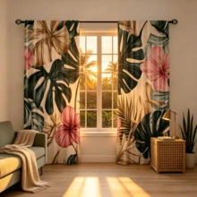 2 pièces Rideaux transparents imprimés de plantes tropicales, avec des feuilles de Monstera en or et vert et des fleurs d'hibiscus en rose, impression 2D, rideaux d'été légers convenant pour le salon, la chambre, le bureau et la décoration de la maison - Multicolore - Voir 9