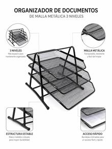 Organizador de escritorio de metal de malla de 3 niveles, soporte para archivos, bandeja para cartas, soporte para papel A4, organizador de escritorio de oficina. - Estante para archivos de tres niveles - Ver 10
