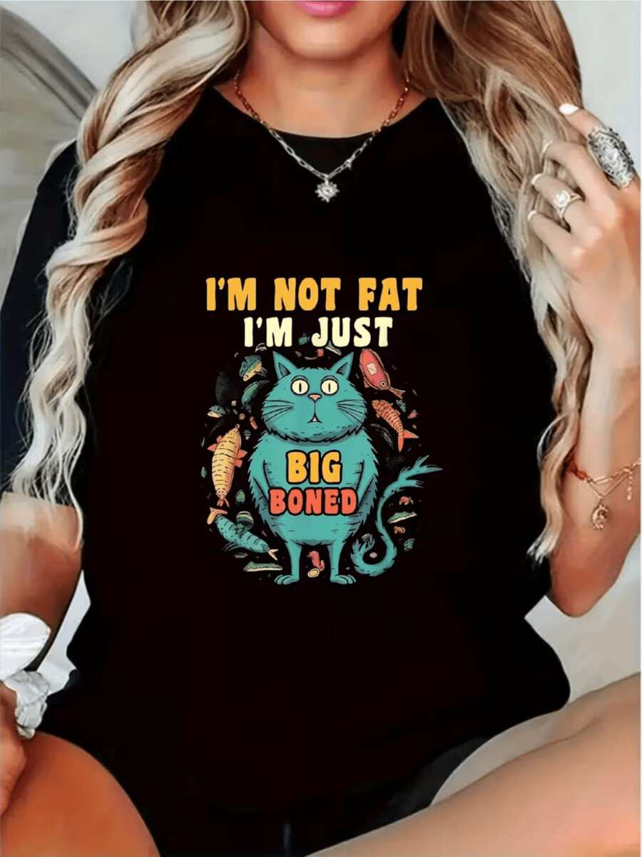 Blue Cat With A Funny Expression Surrounded By Fish Conveying Humor And Confidence, Showing A Relaxed And Cheerful Attitude, Perfect For Feline Lovers. Funny Casual Women's T-Shirt - 黑色 - 查看 1