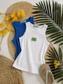 Set Of 2 Tank Tops With Embroidered Brazilian Flag - Blue/White - View 2