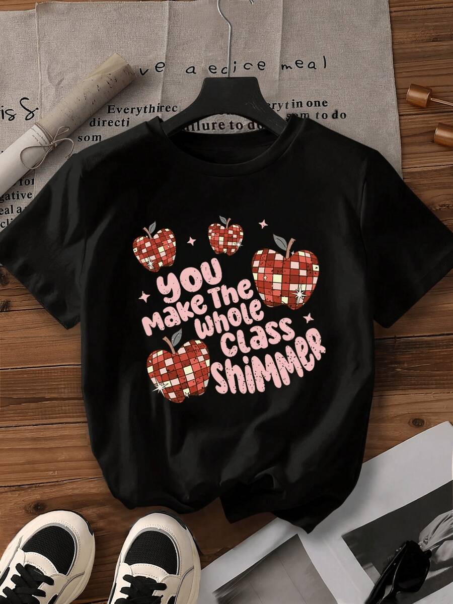 100% Cotton T-Shirt, Short-Sleeved Round Neck T-Shirt For Women, Fashionable For Spring And Summer, Urban Style, Light Luxury, Suitable For Parties And Holidays, With Animal And Letter Prints, Popular T-Shirt, Local Delivery, New Summer Fashion Product, Father's Day Gift T-Shirt. - 黑色 - 查看 1