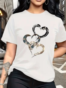 Intertwined Hearts Decorated With Metallic Shapes And Circular Details Symbolize Unity, Strength, And Elegance, Reflecting A Deep And Modern Connection. Casual Women's T-Shirt For Everyday Wear. - White - View 1
