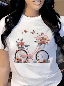 A Pink Bicycle Surrounded By Colorful Flowers And Butterflies Symbolizing Freedom, Joy, And The Beauty Of Nature In Harmony. Comfortable Casual Women's T-Shirt For Everyday Wear - 白色 - 查看 1