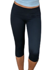 Women's Side Slit Fold Over Capri Leggings Y2K Low Rise Flared Pants Stretch Lounge Yoga Athletic Cropped Pants Bell Bottoms - 深色水洗藍 - 查看 7
