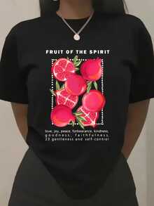 Granada roja simboliza abundancia energía y fe interior que inspira amor paz y bondad reflejando la fuerza del espíritu y la belleza natural camiseta de mujer casual moderna cómoda para uso diario - Negro - Ver 1
