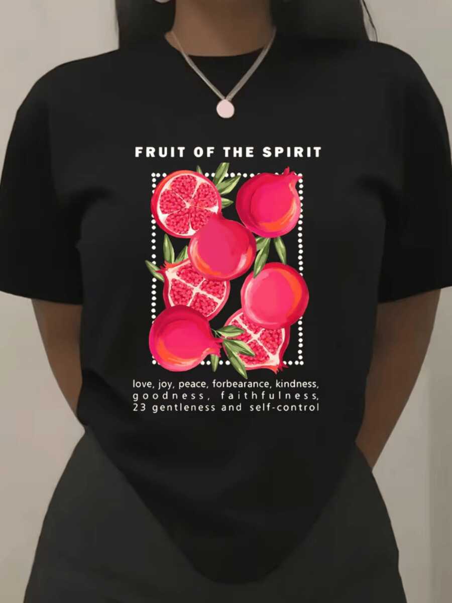 Granada roja simboliza abundancia energía y fe interior que inspira amor paz y bondad reflejando la fuerza del espíritu y la belleza natural camiseta de mujer casual moderna cómoda para uso diario - Negro - Ver 1