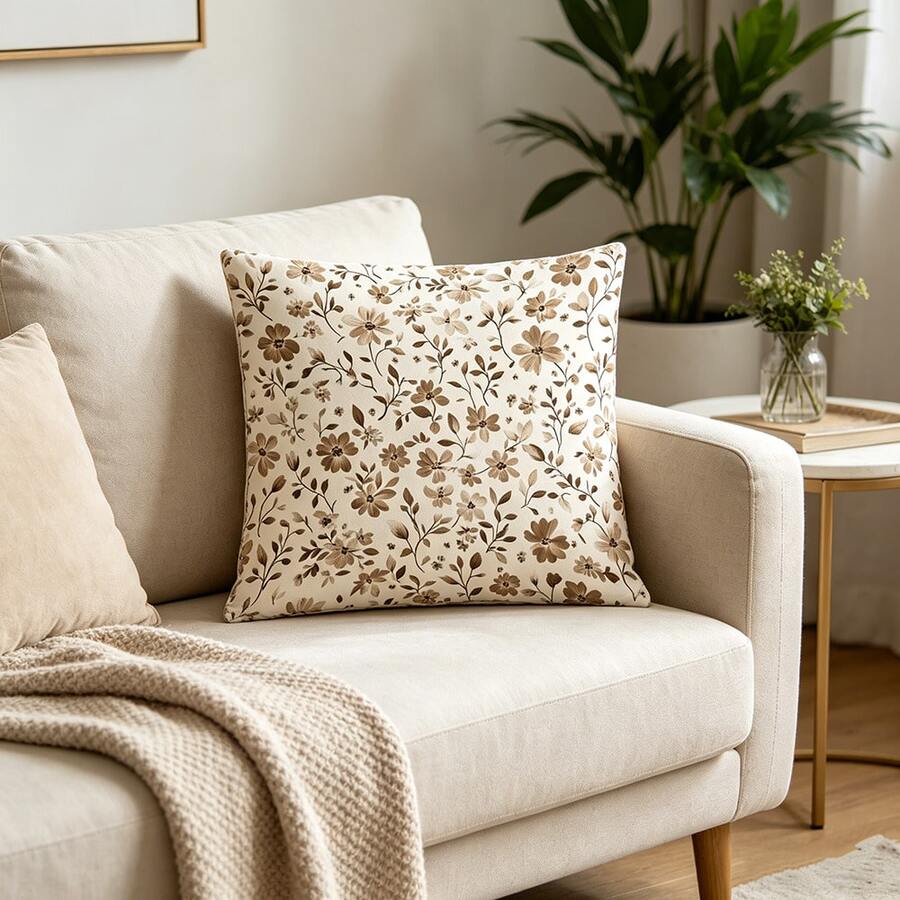 1pc Rustic Style Brown Floral Short Plush Throw Pillow Cover - Double-Sided Print, Vintage Matte Brown Floral Pattern, With Zipper, Suitable For Warm Bedroom And Romantic Country Decor - Inner Cushion Not Included, Flat 2D Version - Multicolor - View 1