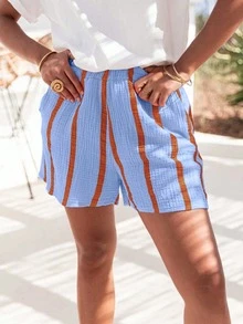 Striped Shorts, Suitable For Daily Wear, Holidays, Dates, Birthdays, Parties, Back To School, Travels, Country Music Festivals, Sports & Fitness, Spring/Summer - Blue-orange - View 5