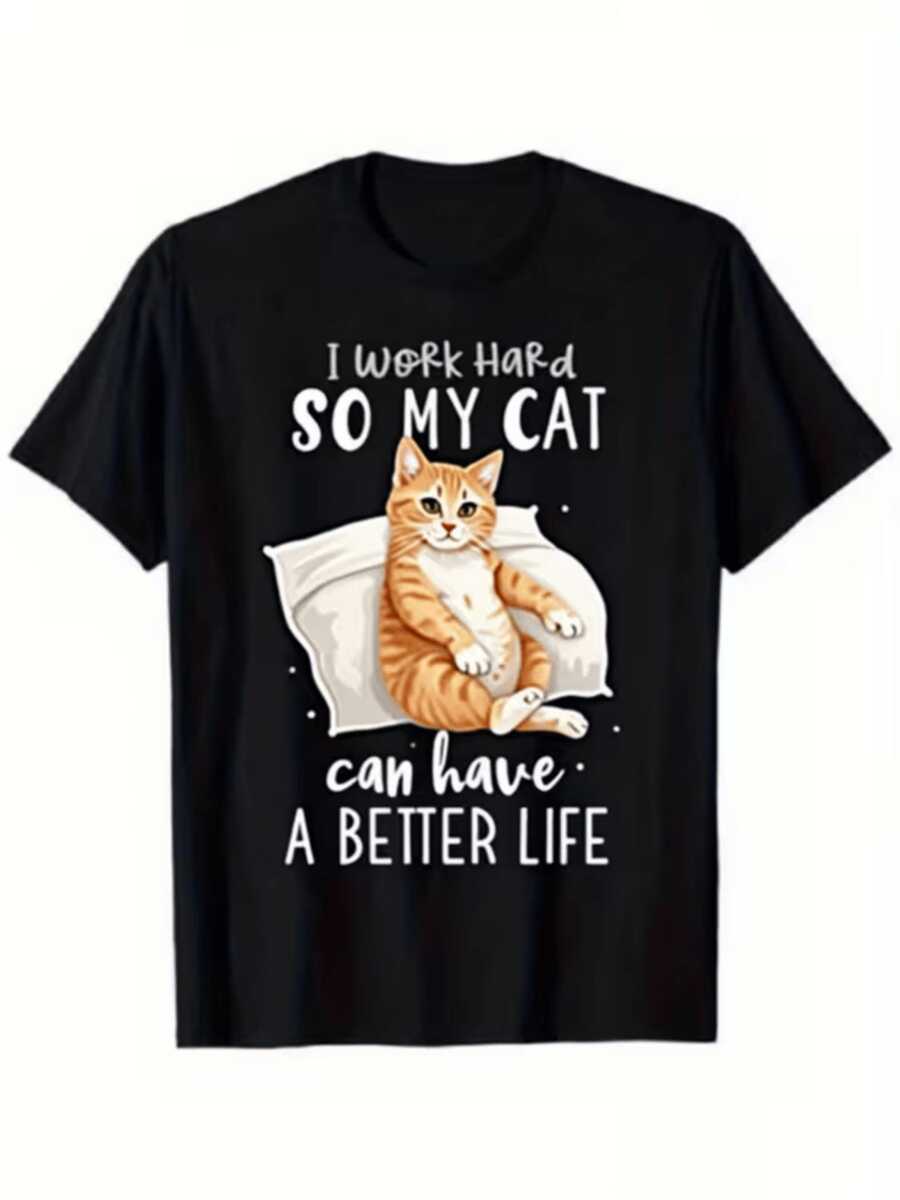 Gato naranja relajado sobre una almohada que representa el amor y esfuerzo diario de una mujer trabajadora que cuida a su mascota y refleja ternura y humor camiseta de mujer casual cómoda divertida - Negro - Ver 1