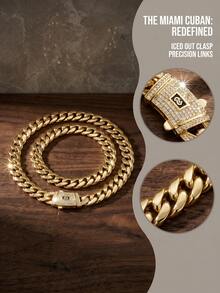 1pc Premium-Look 14K Gold Plated Sculpted Cuban Link Chain Necklace Or Bracelet, Curved Pavé S Emblem Clasp, Mirror-Polished Statement Jewelry - 彩色 - 查看 6