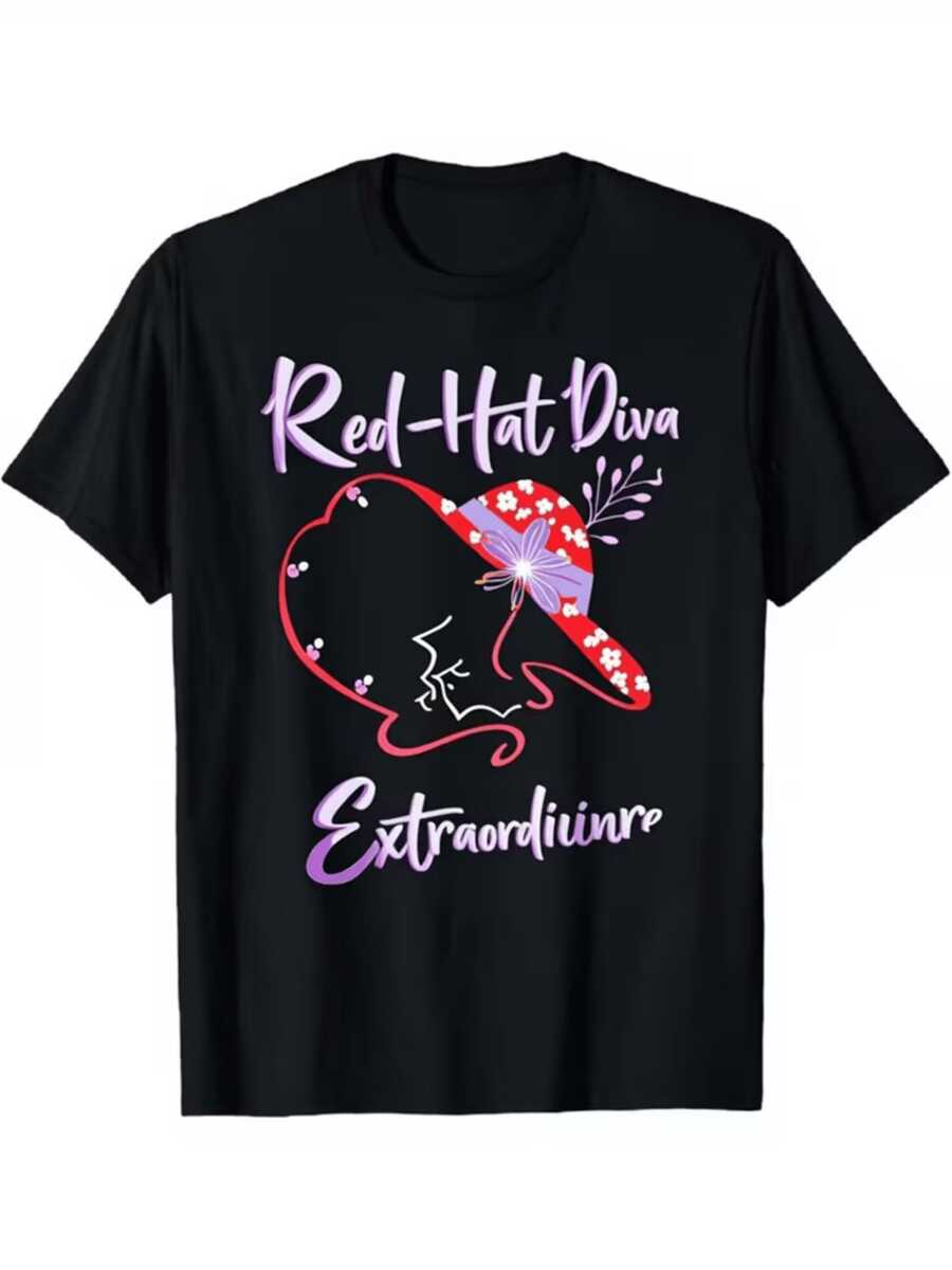 Sombrero rojo con flores moradas que simboliza confianza belleza y libertad femenina con líneas suaves que forman un rostro elegante capaz de reflejar fuerza interior y actitud positiva camiseta de mujer casual moderna cómoda para uso diario - Negro - Ver 1