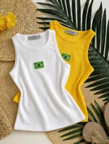 Set Of 2 Tank Tops With Embroidered Brazilian Flag - White/Yellow - View 2