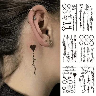 6 ชิ้น สติกเกอร์รอยสักชั่วคราวกันน้ำ ลายสไตล์ดาร์กสำหรับนิ้ว, หัวใจ, เส้นชีพจร, ปีกอินฟินิตี้, ขนนก, กุญแจ, คันธนูและลูกศร, สัญลักษณ์เรขาคณิต และการออกแบบศิลปะบนเรือนร่างสำหรับทั้งชายและหญิง
