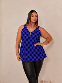 Women's Plus Size Tank Top Duna With Pearl Buttons, Sizes GG G1 To G3 - Royal Blue & Black - View 4