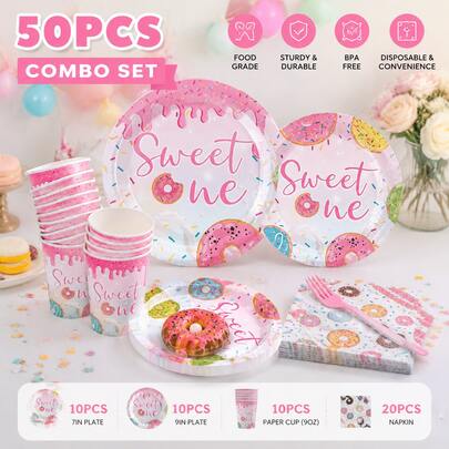 Bộ 50 món tiệc bánh donut màu hồng ngọt ngào - Đĩa, cốc, khăn giấy dùng một lần họa tiết kem phủ và rắc đường, lý tưởng cho tiệc sinh nhật lần thứ nhất của bé gái và các bữa tiệc chủ đề tráng miệng, trang trí bánh donut đầy màu sắc và in chữ "Sweet One" (Bé yêu) - đồ dùng và vật dụng cần thiết cho tiệc trẻ em.