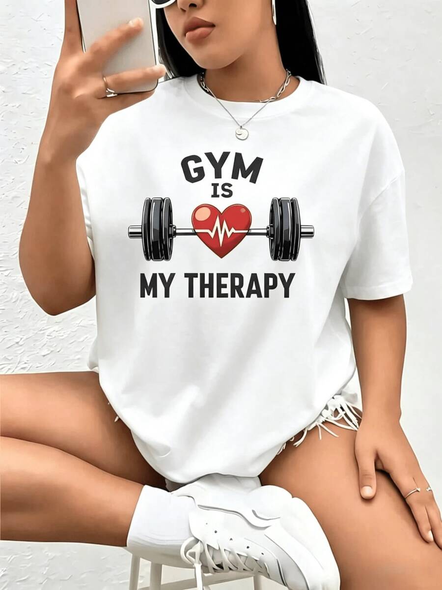 The Gym Is My Therapy 1 Piece Women's Plus Size T-Shirt 220g 100% Funny Oversized Short Sleeve Graphic T-Shirt Novelty Polyester T-Shirt Casual Round Neck Top Blouses For Women - 白色 - 查看 1