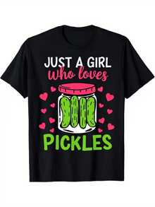 Frasco con pepinillos verdes rodeado de corazones rosados que refleja de forma divertida el amor de una chica por los encurtidos camiseta de mujer casual moderna adecuada para uso diario - Negro - Ver 1