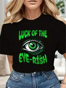 Ojo brillante verde con mensaje de suerte irlandesa que simboliza protección fortuna y energía positiva para atraer buenos momentos camiseta de mujer casual moderna cómoda - Negro - Ver 8