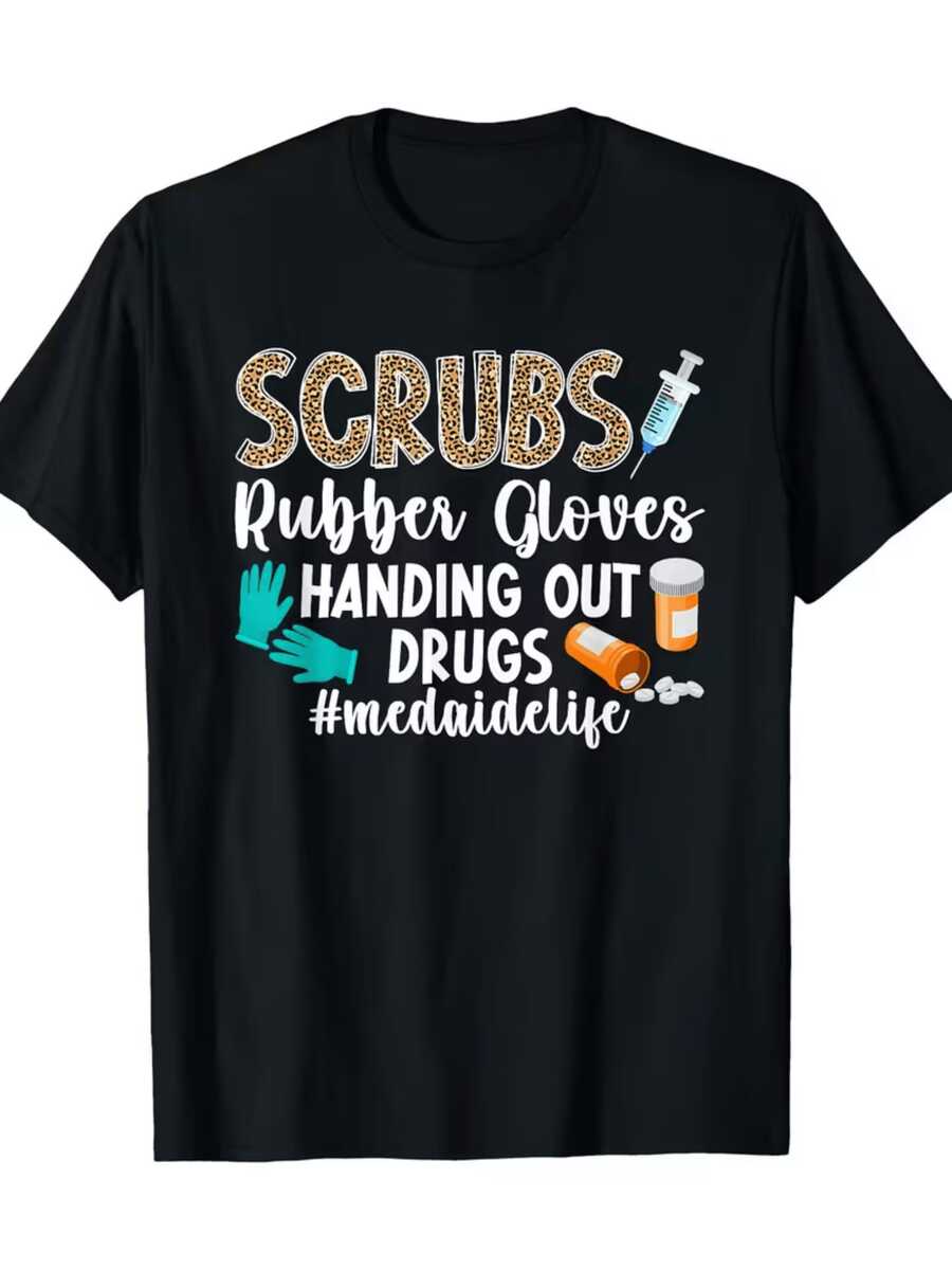 Guantes médicos jeringa píldoras y texto inspirador que celebra la vida dedicada al cuidado de la salud con energía positiva camiseta de mujer casual cómoda para uso diario - Negro - Ver 1