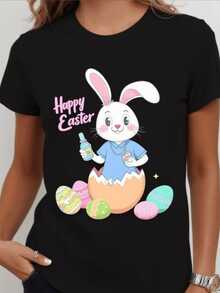 Cheerful Bunny Emerging From A Pastel-Decorated Egg Holding A Drink And Surrounded By Easter Eggs Symbolizing Happiness And Rebirth. Comfortable Casual Women's T-Shirt For Easter Celebration - 黑色 - 查看 1