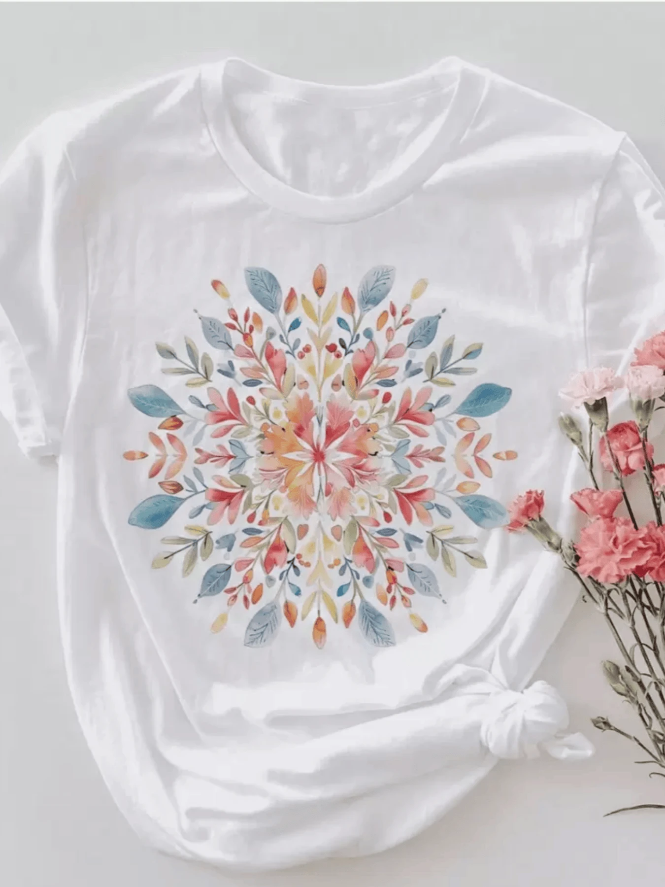 Vibrant Floral Mandala Symbolizing Harmony, Positive Energy, And Inner Growth, With Leaf Shapes Radiating Balance And Freshness. Comfortable And Modern Casual Women's T-Shirt - 白色 - 查看 1