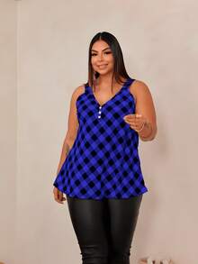 Women's Plus Size Tank Top Duna With Pearl Buttons, Sizes GG G1 To G3 - Royal Blue & Black - View 8