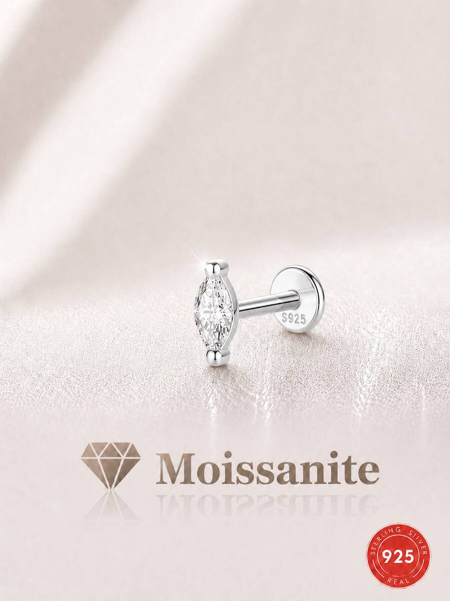 1 chiếc khuyên tai bạc 925 mạ vàng 18K hình bầu dục cổ điển đính đá Moissanite, kiểu dáng phẳng, không gây dị ứng, dành cho nữ, thích hợp đeo hàng ngày, dự tiệc và làm quà tặng. - Bạc - Xem 1