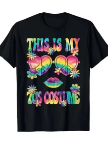 Símbolos de paz en forma de corazón con colores arcoíris y labios rodeados de flores evocando libertad y energía positiva de los años setenta camiseta de mujer casual cómoda para uso diario - Negro - Ver 8