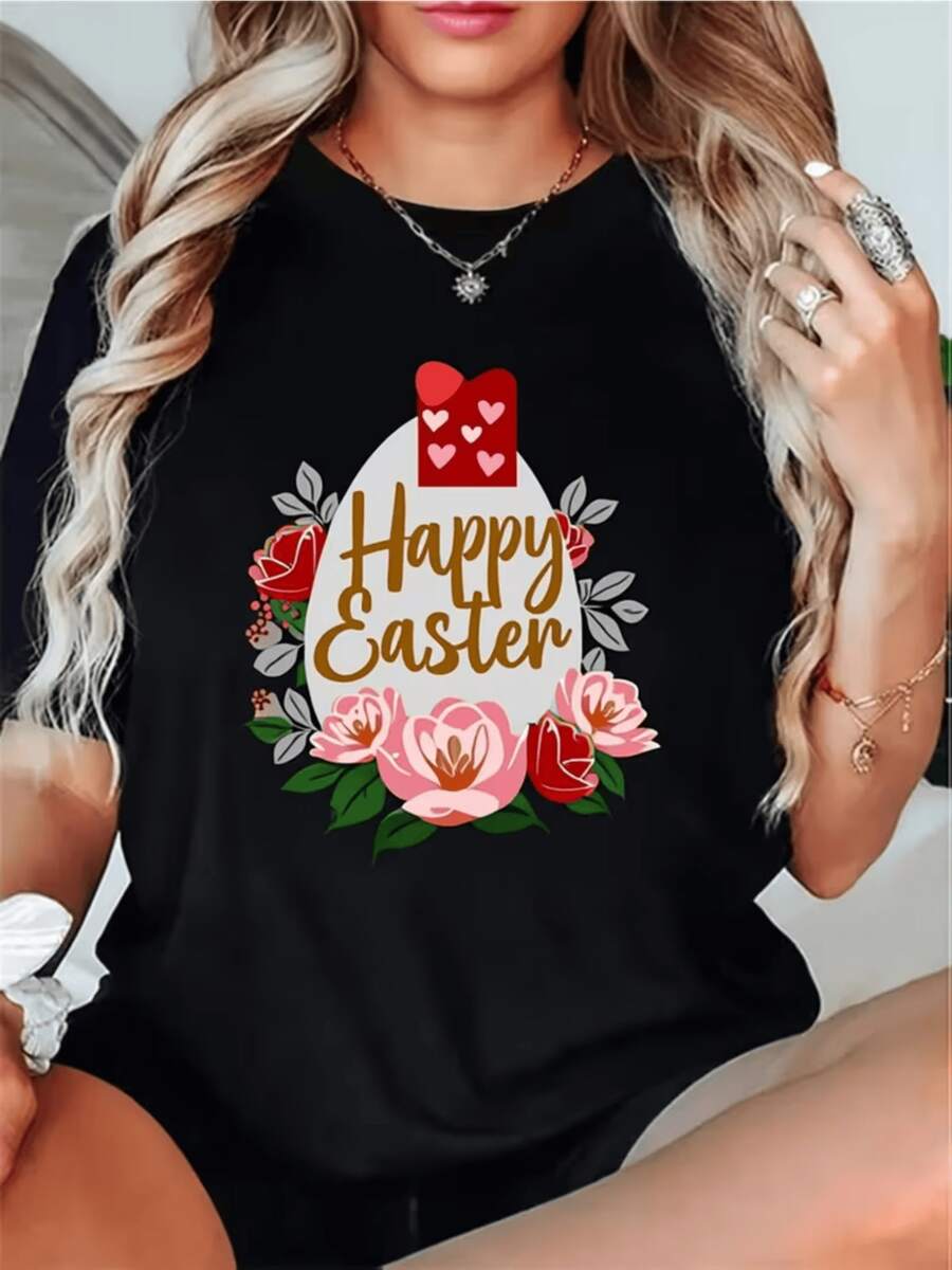 Festive Egg Surrounded By Colorful Flowers And A Cheerful Message Celebrating Renewal And Hope In The Easter Season. Comfortable And Modern Women's T-Shirt For Everyday Wear. - 黑色 - 查看 1