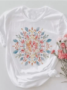 Vibrant Floral Mandala Symbolizing Harmony, Positive Energy, And Inner Growth, With Leaf Shapes Radiating Balance And Freshness. Comfortable And Modern Casual Women's T-Shirt - 白色 - 查看 8