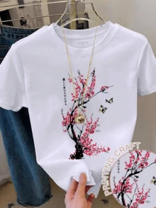 Flowering Branches Symbolizing Renewal And Hope With Golden Butterflies Evoking Freedom And Natural Beauty; White Casual Women's T-Shirt With Elegant And Modern Artistic Print - 白色 - 查看 8