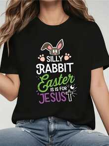 Conejo simpático con orejas rosadas y huellas que celebra la Pascua recordando que esta festividad es para Jesús inspirando alegría y fe en cada ocasión camiseta de mujer casual cómoda y moderna - Negro - Ver 1
