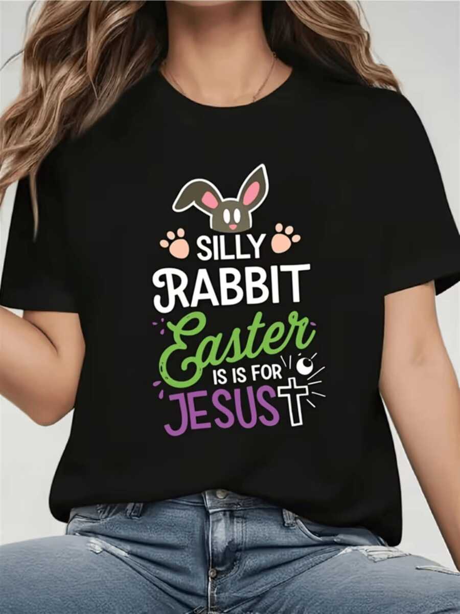 Conejo simpático con orejas rosadas y huellas que celebra la Pascua recordando que esta festividad es para Jesús inspirando alegría y fe en cada ocasión camiseta de mujer casual cómoda y moderna - Negro - Ver 1