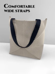 Women's Geometric Striped Knitted Handbag, Foldable Ivory Large Shoulder Tote Bag, Lightweight For Shopping, Commuting, Travel - Ivory - View 4