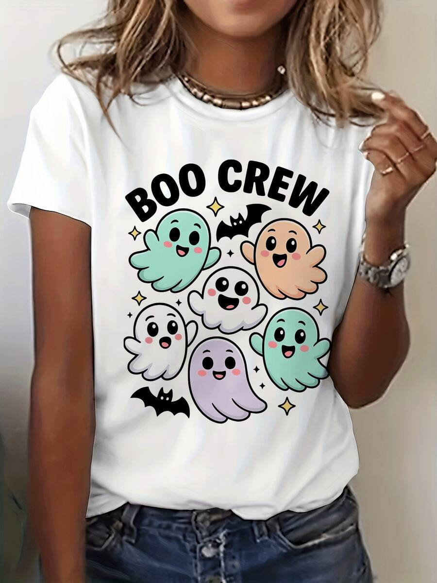 Adorable camiseta gráfica de Halloween del equipo de fantasmas Boo, camiseta casual de manga corta y cuello redondo para primavera y verano, ropa de mujer - [Blanco] - Ver 1