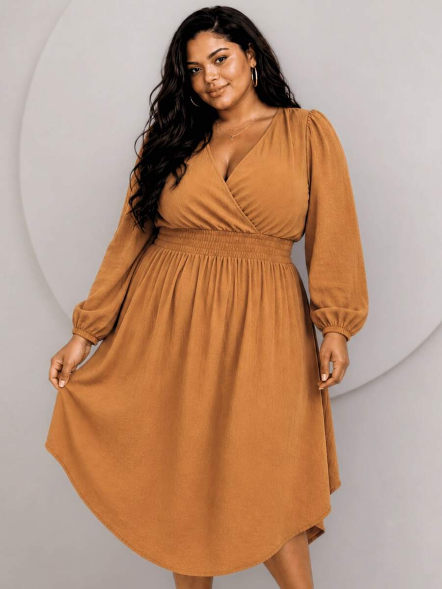 Women's Long Sleeve V-Neck Wrap Dress, Casual Midi Style With Discreet Slit, Plus Size, Comfortable - 駝色 - 查看 1