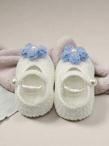 1 Pair Infant Christening Booties, White Pearl Knit Slippers, Infant Shoes - Blue - View 7