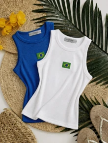 Set Of 2 Tank Tops With Embroidered Brazilian Flag - Blue/White - View 1
