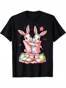 Dos conejitos sonrientes dentro de botas rosadas rodeados de estrellas y huevos de colores simbolizan ternura amistad y alegría en un ambiente mágico camiseta de mujer casual moderna y cómoda para uso diario - Negro - Ver 8