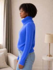 Furry Spotted Turtleneck Rabbit Wool Blouse – Soft, Elegant And Comfortable Rabbit Wool Turtleneck Blouse | Sophistication And Comfort - Blue - View 3