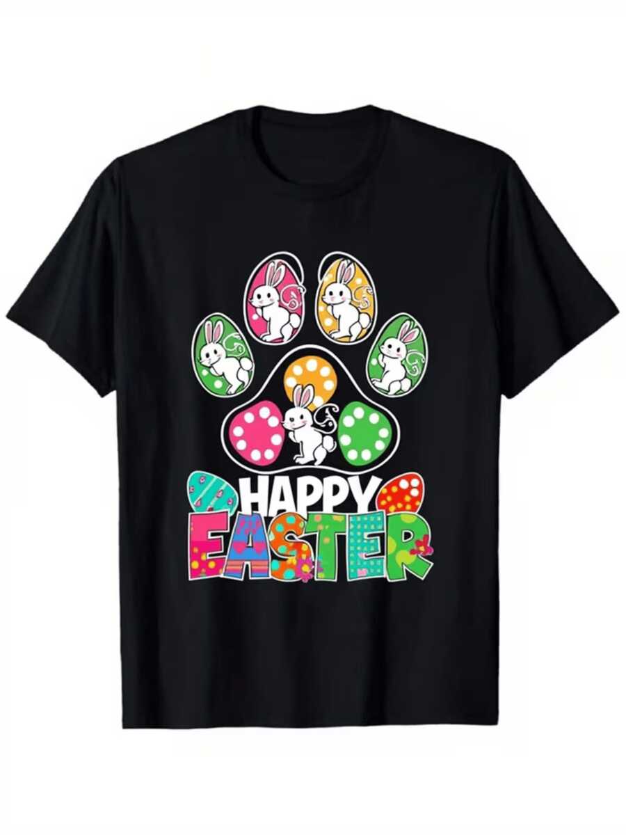 Huella colorida con conejos blancos rodeados de huevos multicolores que simbolizan alegría esperanza y celebración de Pascua camiseta de mujer casual cómoda para ocasiones festivas - Negro - Ver 1